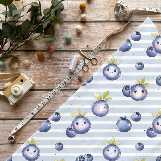 „Blaubeeren Stoff Meterware – ideal für Kinderkleidung & Fruchtmotive“