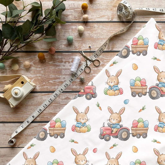 Traktor Hase Stoff Meterware für fröhliche Kinderkleidung
