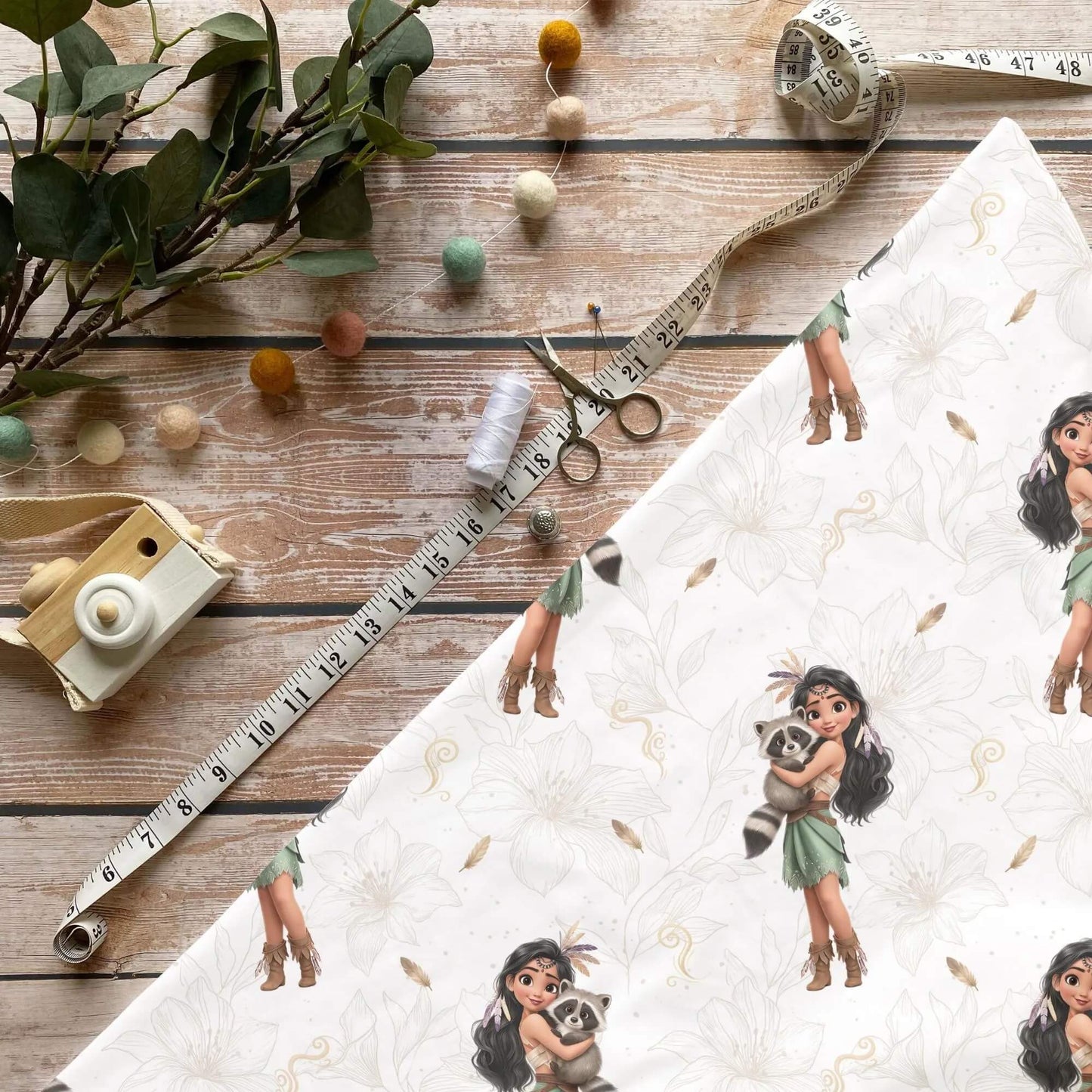 „Mädchen mit Waschbär Stoff Meterware – ideal für Kinderkleidung & Naturmotive“