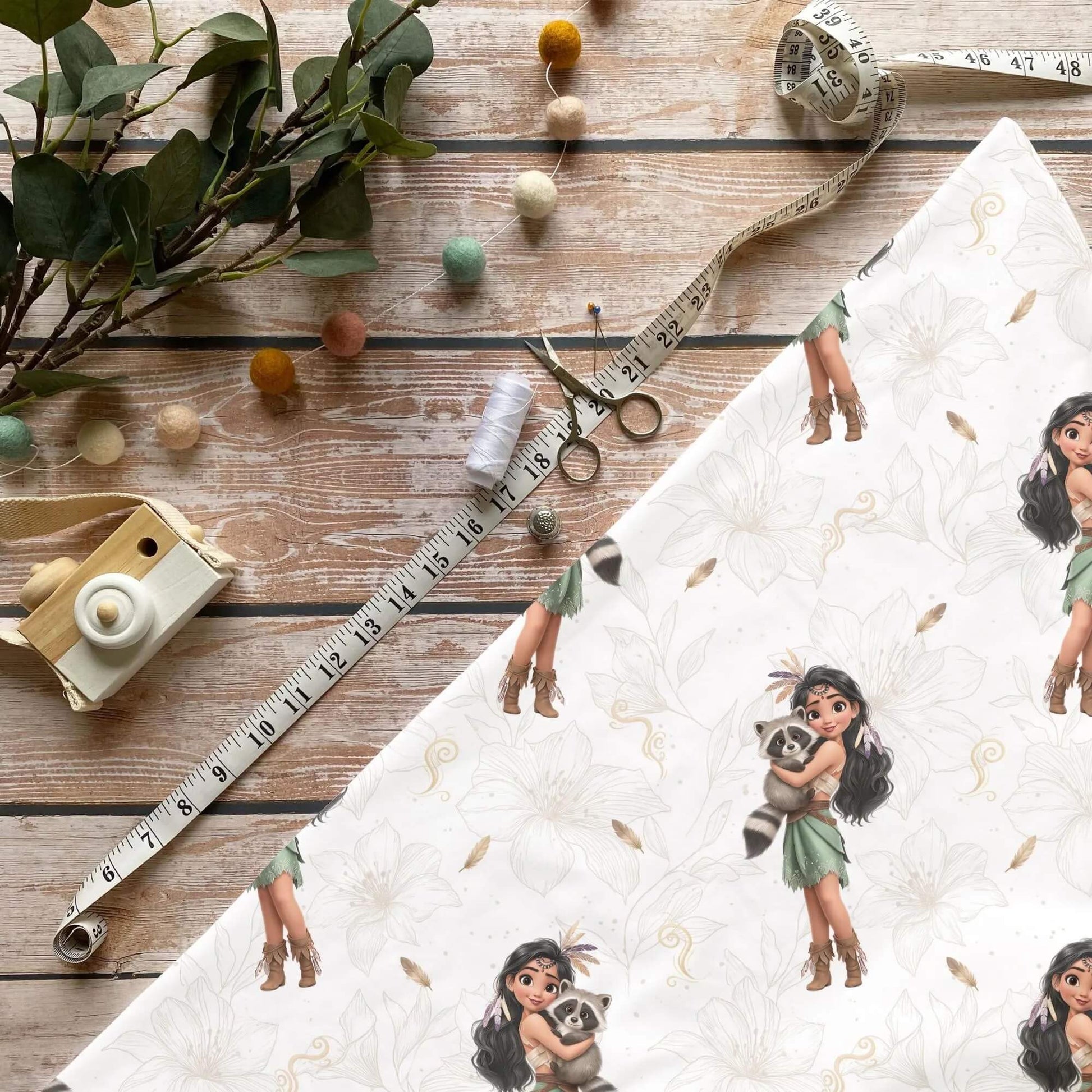 „Mädchen mit Waschbär Stoff Meterware – ideal für Kinderkleidung & Naturmotive“