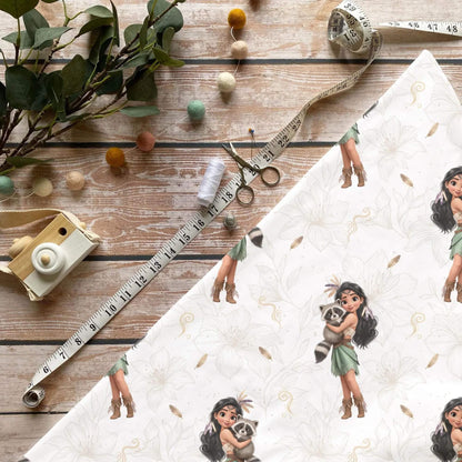 „Mädchen mit Waschbär Stoff Meterware – ideal für Kinderkleidung & Naturmotive“