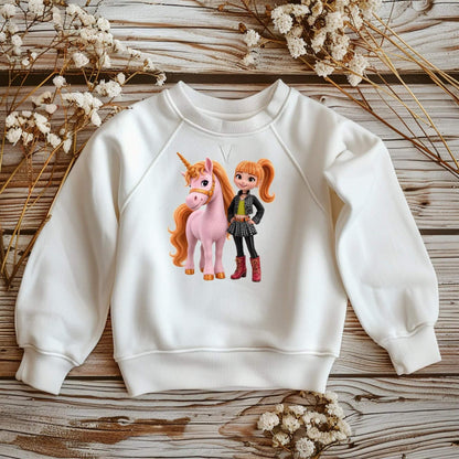 Weißes Kinder-T-Shirt mit DTF Bügelbild pinkes Einhorn und Mädchen im Karo-Look, Bügelmotiv 17x14 cm