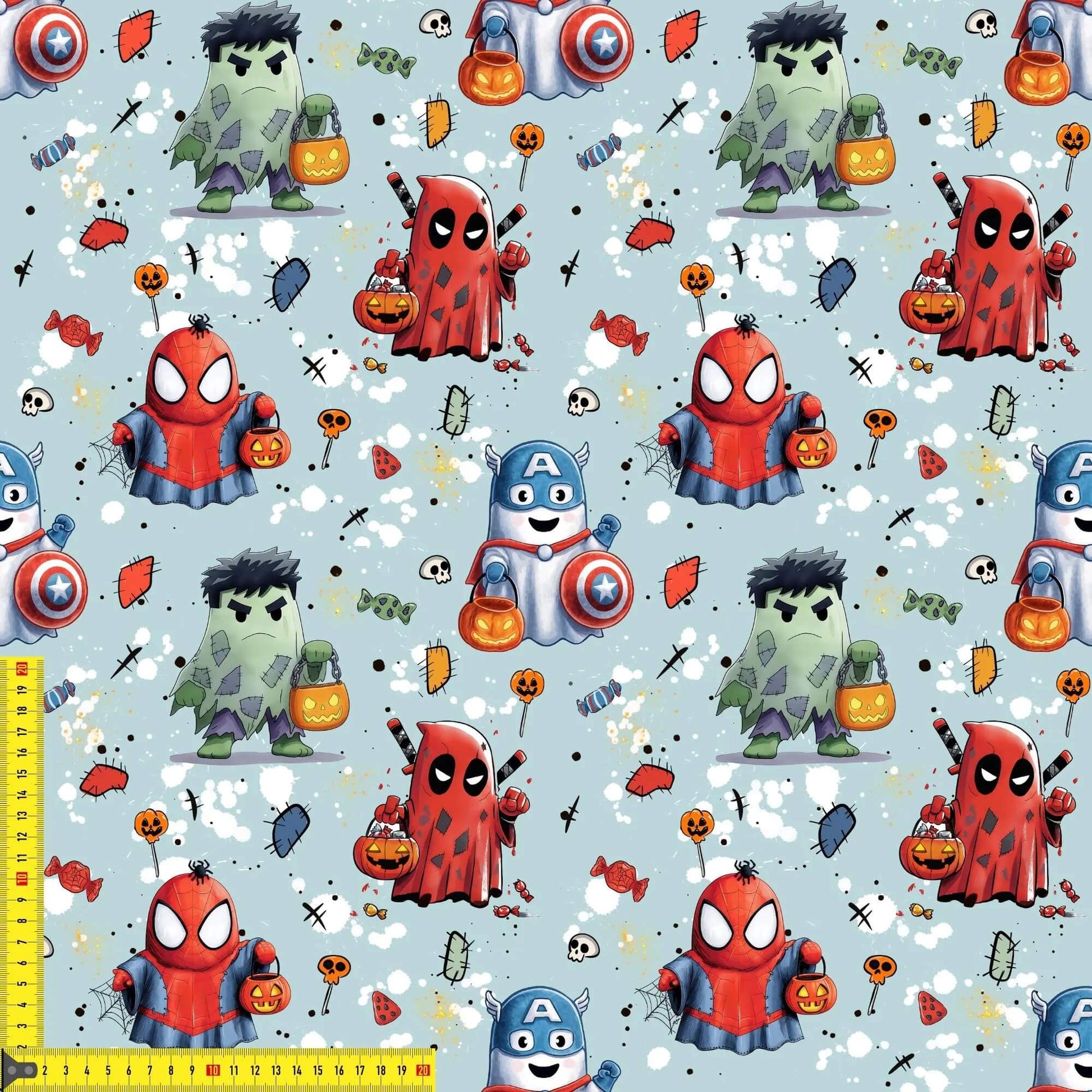 Superhelden Geister French Terry Stoff mit Halloween-Motiven auf hellblauem Hintergrund