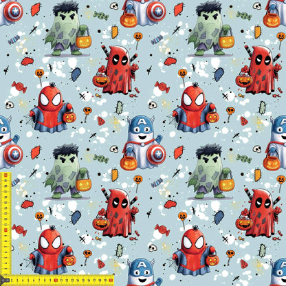 Superhelden Geister French Terry Stoff mit Halloween-Motiven auf hellblauem Hintergrund