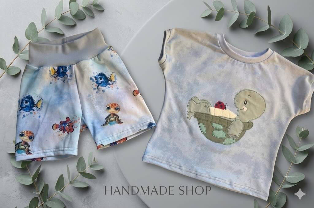 Zeigt das komplette Set aus Shirt und Hose mit maritimem Design.
