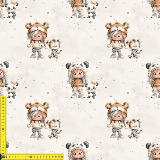 Tierfreunde Abenteuer Kinderstoff auf Jersey – Motiv mit Panda & Löwe OEKO‑TEX 100
