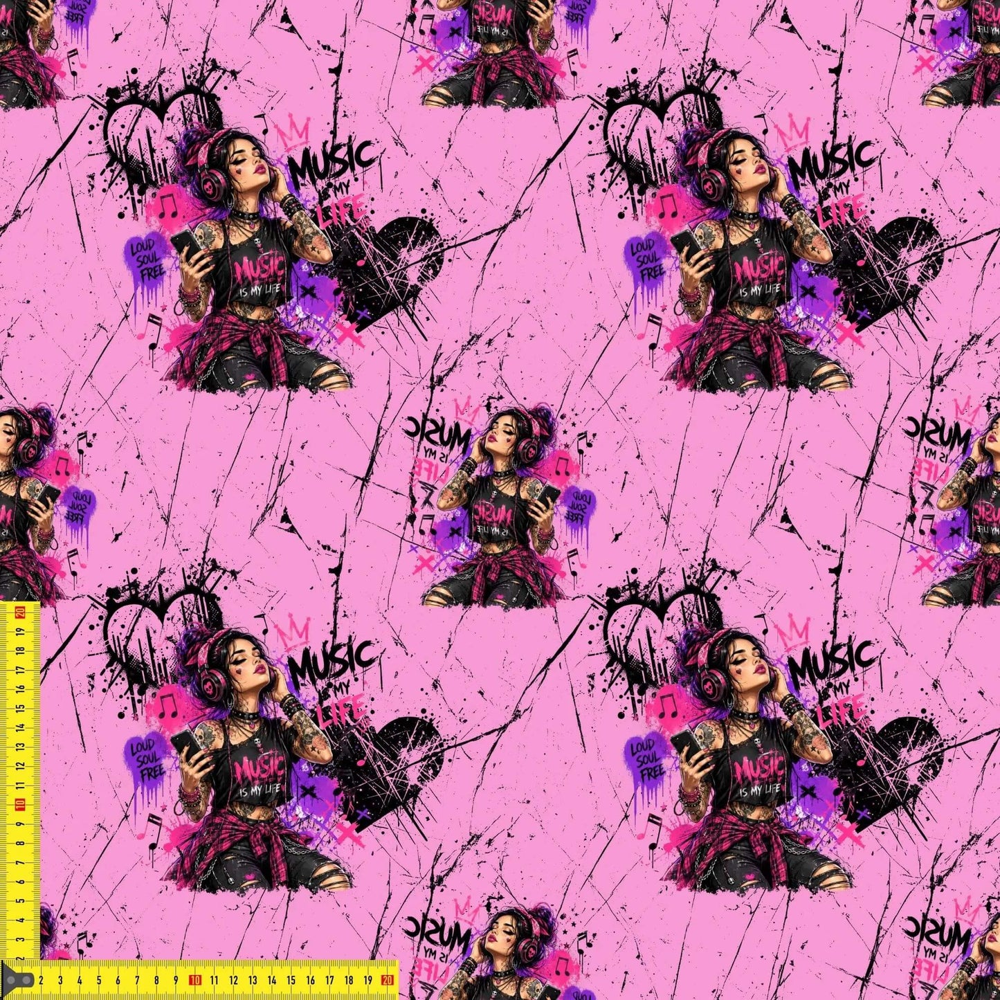 Jersey Stoff Pink Rebel mit urbanem Musikmotiv und Graffiti Elementen
