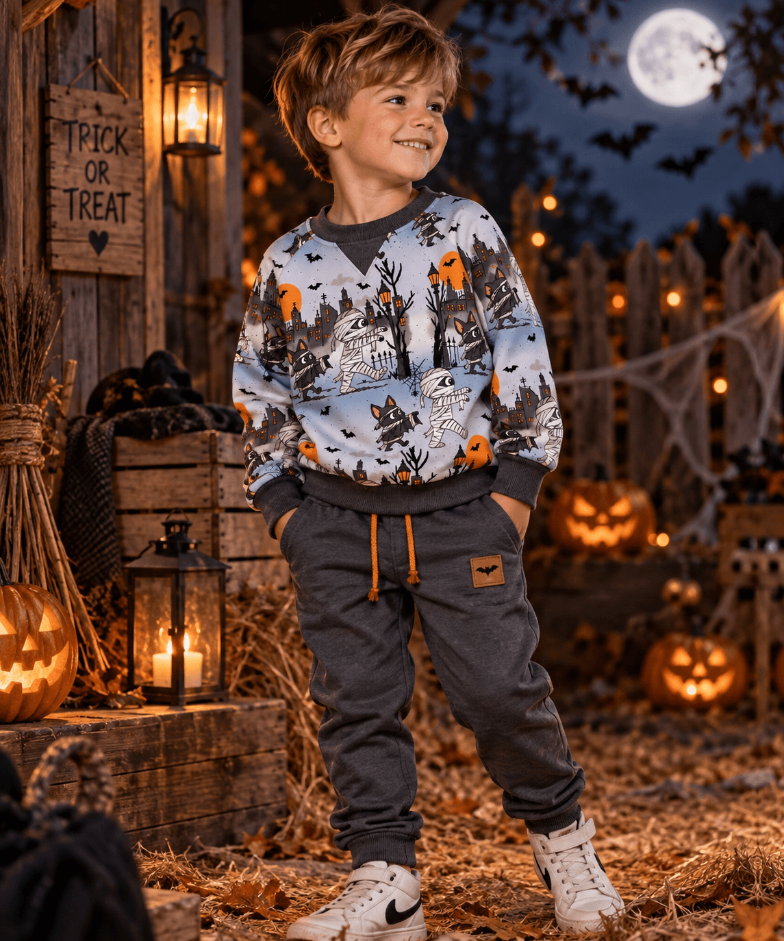 Mumiennacht Lifestyle-Szene mit Kürbislaterne und Halloween-Deko, OEKO-TEX 100 Jersey Halloweenstoff Deko-Szene