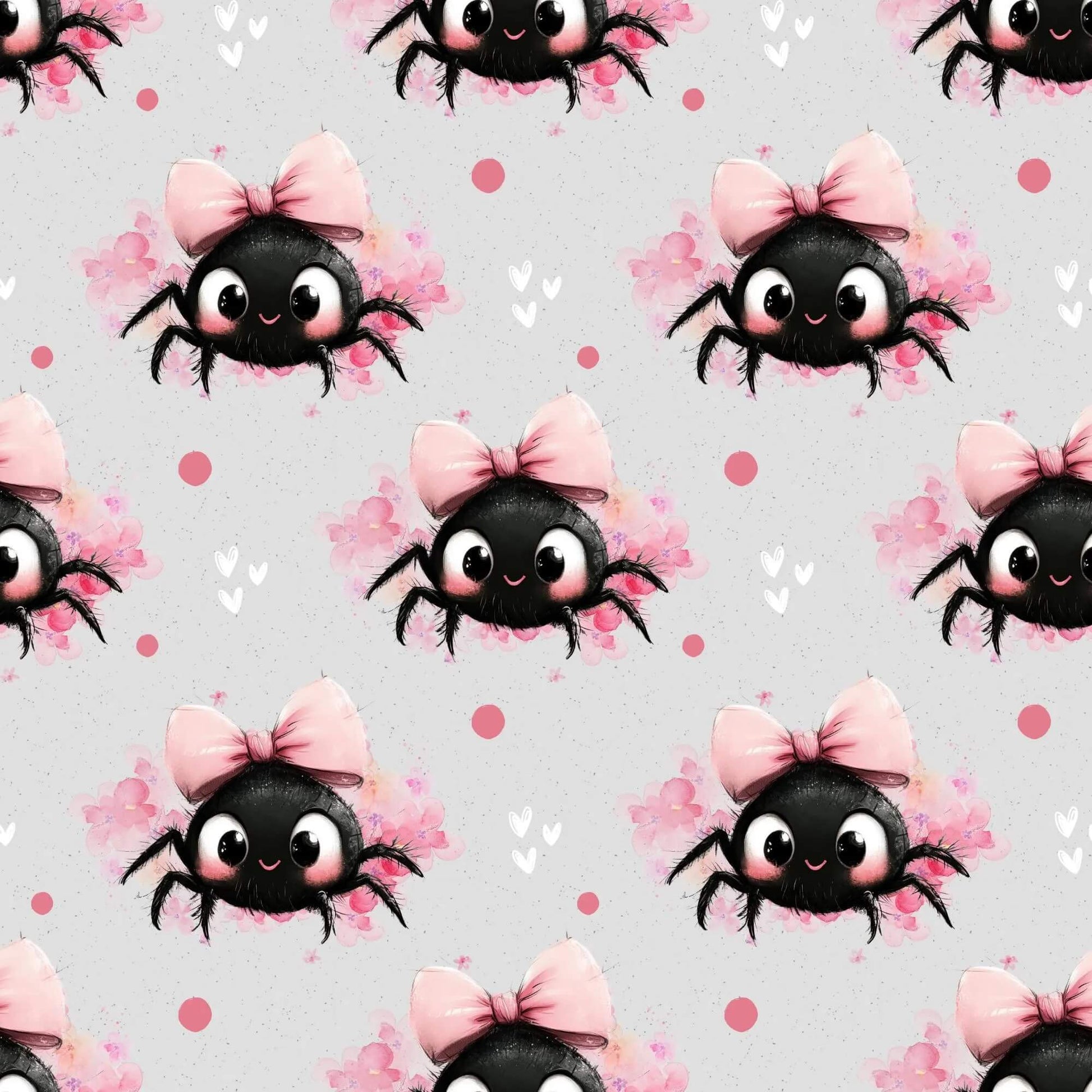 Stoffdesign Schleifenspinne auf Jersey, Musselin, Softshell und Minky Glatt mit Kawaii-Spinne
