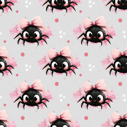 Stoffdesign Schleifenspinne auf Jersey, Musselin, Softshell und Minky Glatt mit Kawaii-Spinne

