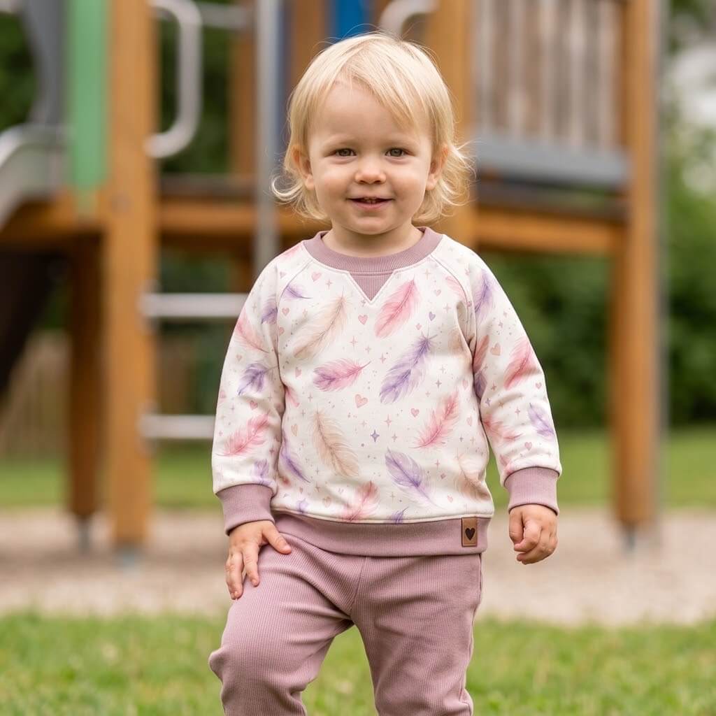 Federträume Mädchenstoff vernäht zu Sweatshirt, Mädchen trägt French Terry Pulli mit Federn und Herzen Motiv in Rosa, OEKO-TEX 100 Mädchenstoff