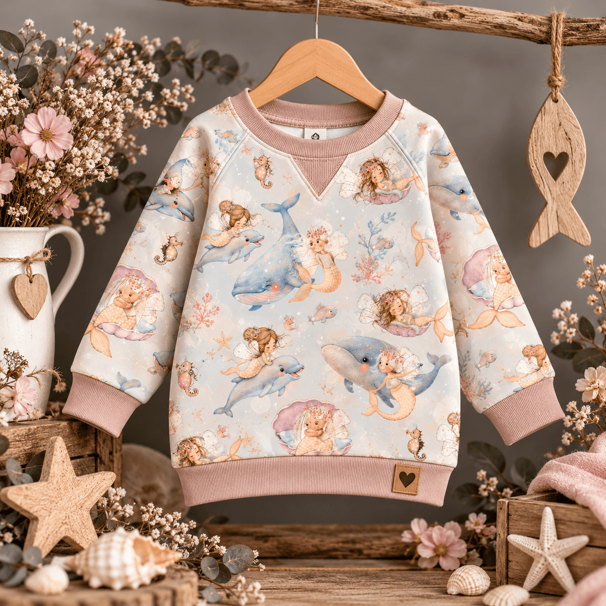 Unterwassertraum Mädchenstoff vernäht zu Sweatshirt, Kind trägt French Terry Pulli mit Meerjungfrauen und Walen Motiv, OEKO-TEX 100 Mädchenstoff