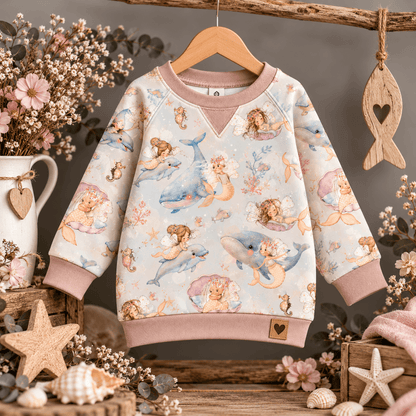 Unterwassertraum Mädchenstoff vernäht zu Sweatshirt, Kind trägt French Terry Pulli mit Meerjungfrauen und Walen Motiv, OEKO-TEX 100 Mädchenstoff