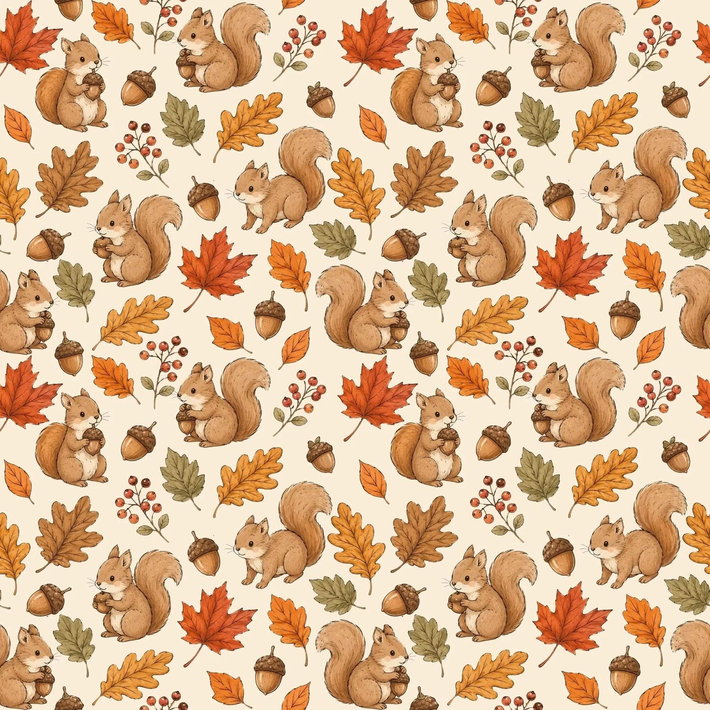 Herbstlicher Stoff mit Eichhörnchen Eicheln und bunten Blättern als Stoff Meterware
