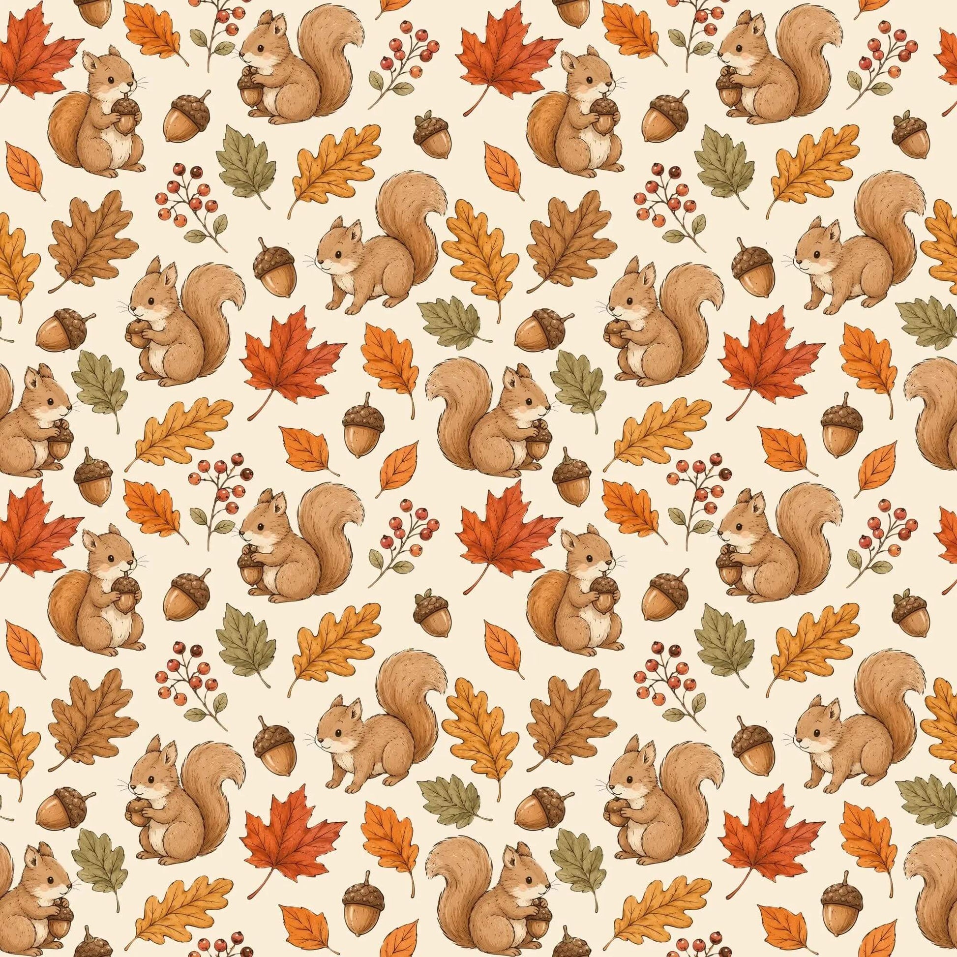 Herbstlicher Stoff mit Eichhörnchen Eicheln und bunten Blättern als Stoff Meterware
