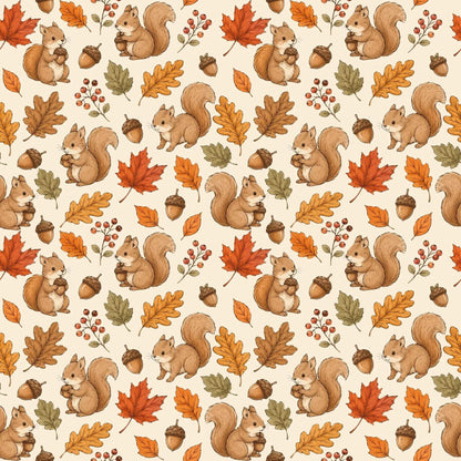 Herbstlicher Stoff mit Eichhörnchen Eicheln und bunten Blättern als Stoff Meterware
