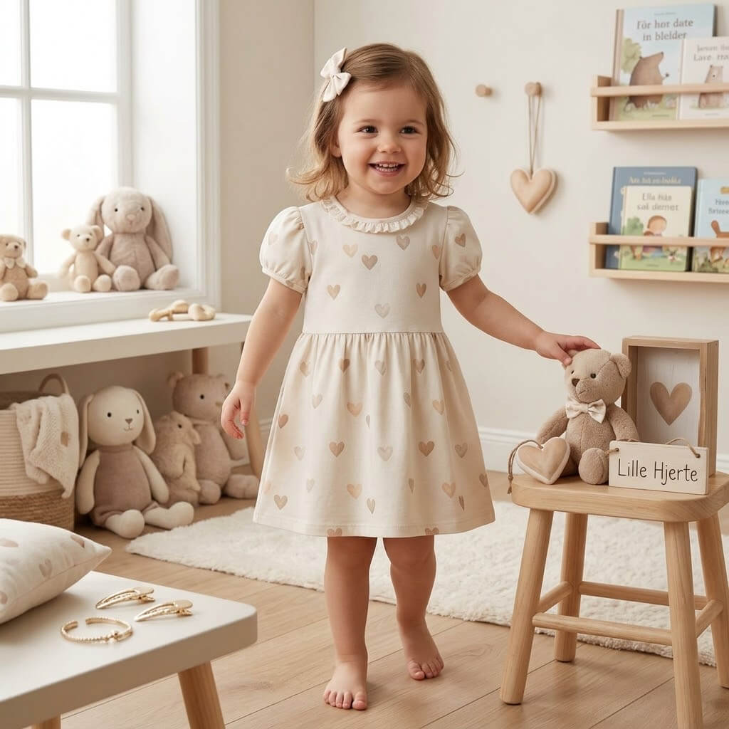 Herzenszart Lifestyle-Szene mit Kuscheltier und Naturholz-Deko im Kinderzimmer, OEKO-TEX 100 French Terry Stoff Deko-Szene