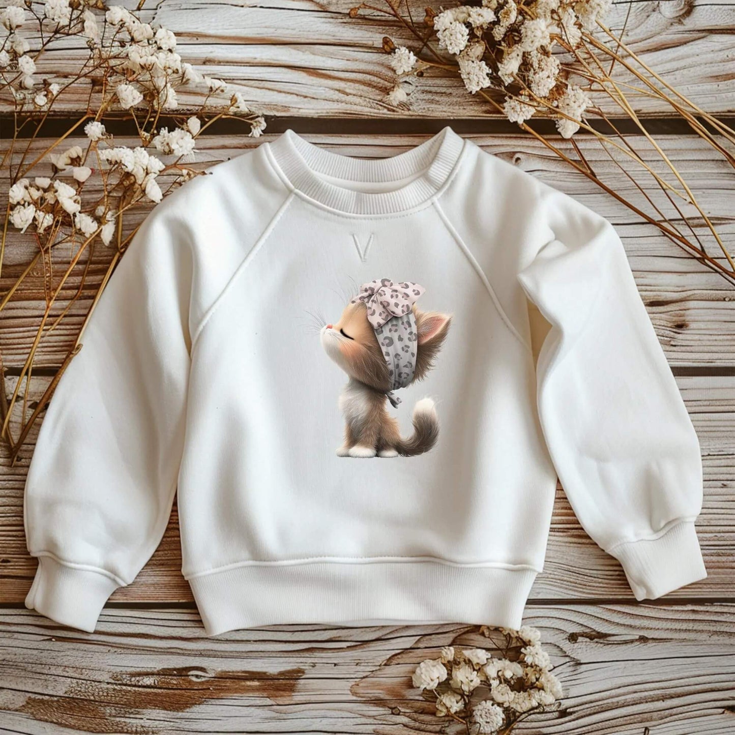 niedliches Katzenmotiv Bügelbild DIY Kinderkleidung Katze mit Schleife

