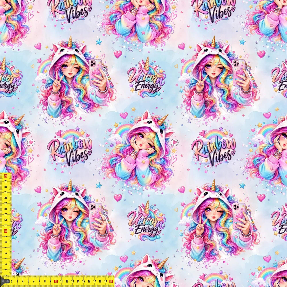 Nahaufnahme Jersey Stoff Rainbow Unicorn Vibes, weiche Baumwollqualität OEKO-TEX 100 zertifiziert für Babystoffe