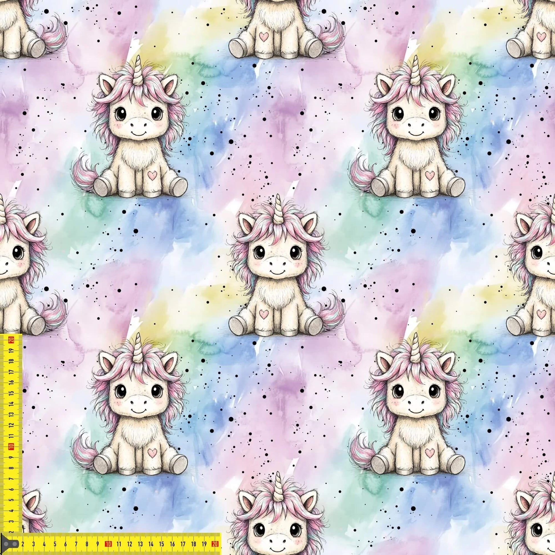 Jersey Stoff mit niedlichem Einhorn und Aquarell-Regenbogen für Baby- und Kinderkleidung