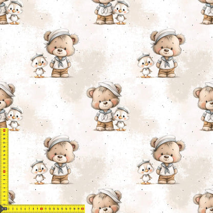 Hochwertiger Jersey Stoff mit Teddybär und Küken im Matrosen-Outfit – OEKO-TEX Standard 100 Kinderstoff aus Lagerware