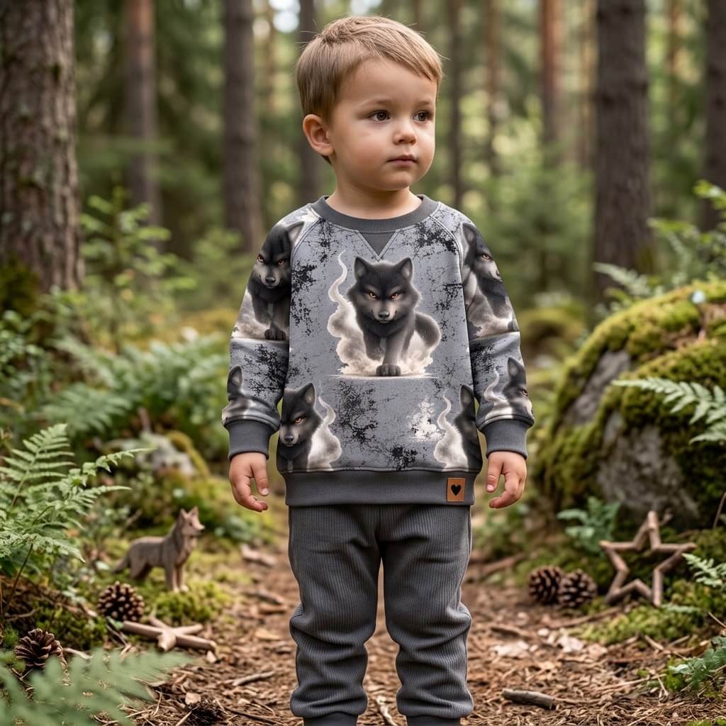 Wolf Jungenstoff Lifestyle-Foto mit Wolfsfigur im Wald, OEKO-TEX 100 Jersey Jungenstoff Deko-Szene