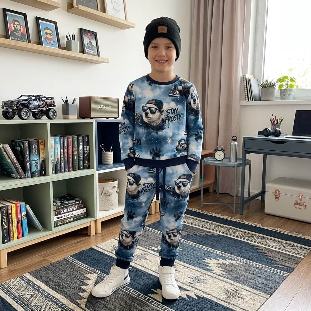 Cooler Eisbär Jungenstoff Lifestyle-Szene mit Eisbär-Figur und Wintermütze im Kinderzimmer, OEKO-TEX 100 Jersey Jungenstoff Deko-Szene