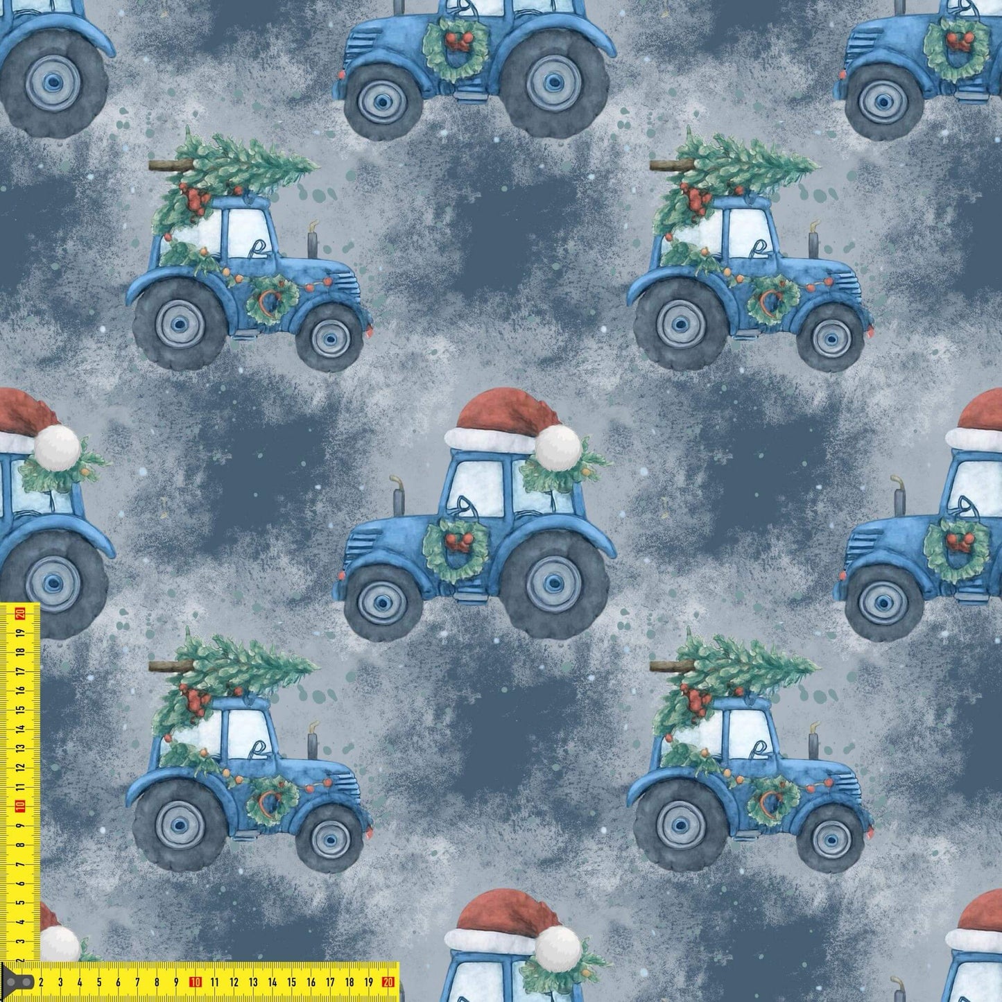 Winter Traktor French Terry Stoff mit Weihnachtsbaum und Kranz auf blauem Hintergrund