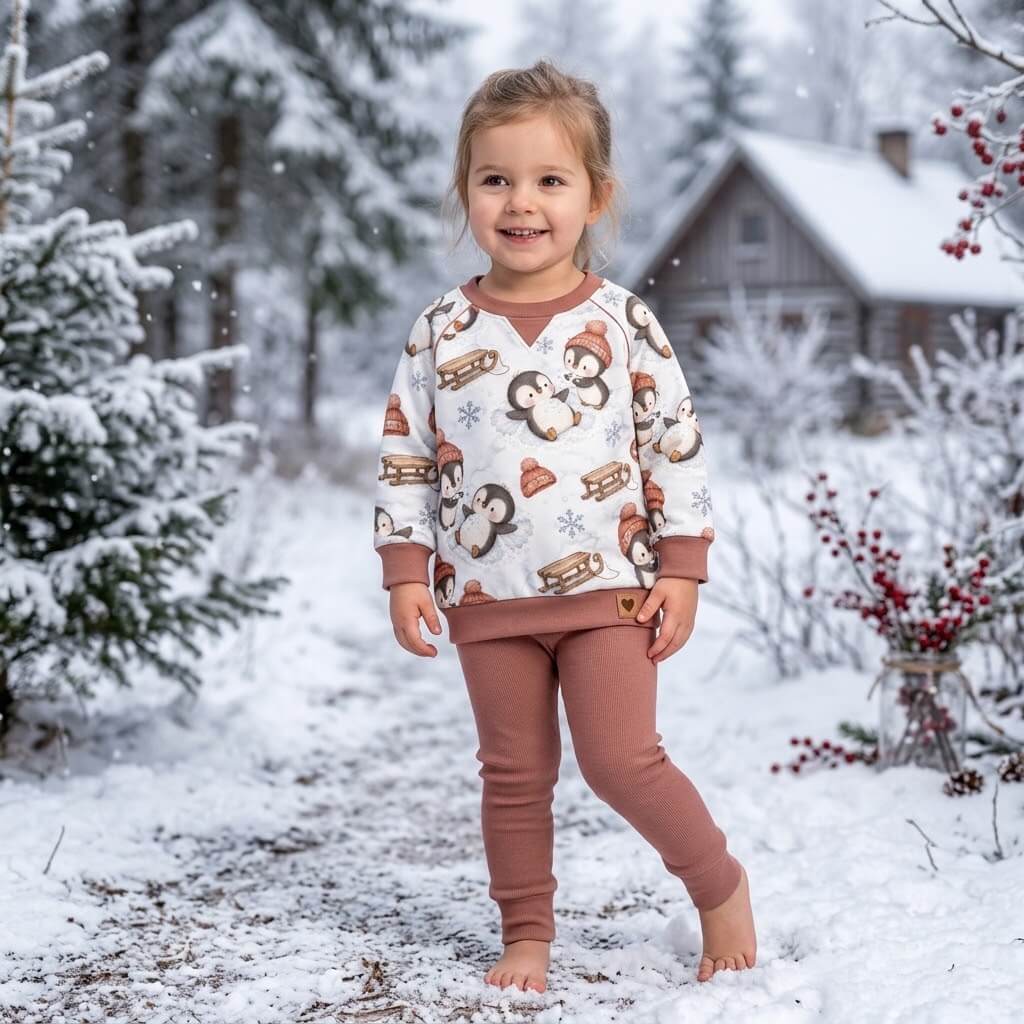 Schneeengel Pinguine Lifestyle-Foto vor einer Winterhütte im Schnee, OEKO-TEX 100 Jersey Stoff Deko-Szene