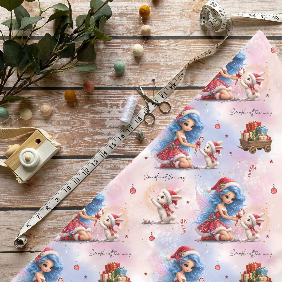 Winterliche Feenzauber Kinderstoff Meterware mit Fee und Hase Motiv und Spruch "Sparkle all the way", OEKO-TEX 100 Jersey Mädchenstoff für Baby- und Kindermode