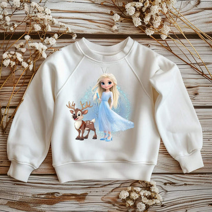 Freundinnen Blau DTF Bügelbild 16x16 cm auf weißem Kinder Pullover
