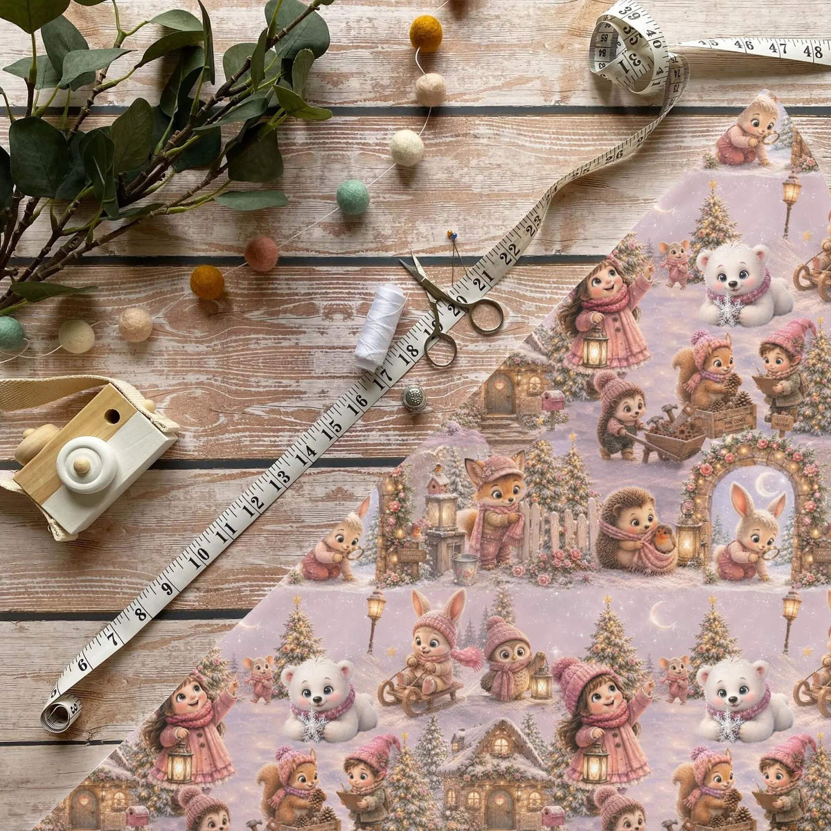Winterzauber Kinderstoff Meterware mit Winterdorf, Mädchen und Tierfreunden Motiv in Rosa, OEKO-TEX 100 Jersey Mädchenstoff für Baby- und Kindermode