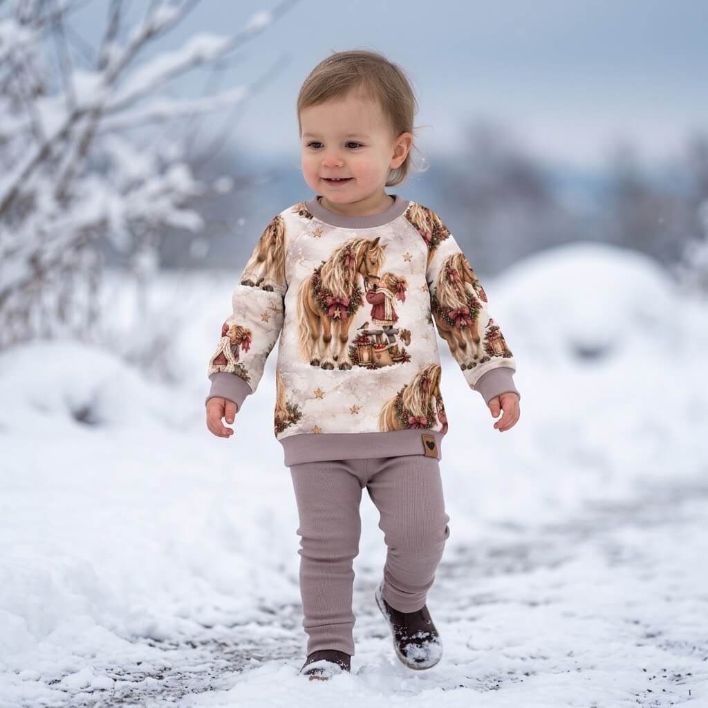 Winterliche Pferdeliebe Mädchenstoff Lifestyle-Foto im Schnee mit echtem Winterspaziergang, OEKO-TEX 100 Jersey Mädchenstoff Deko-Szene