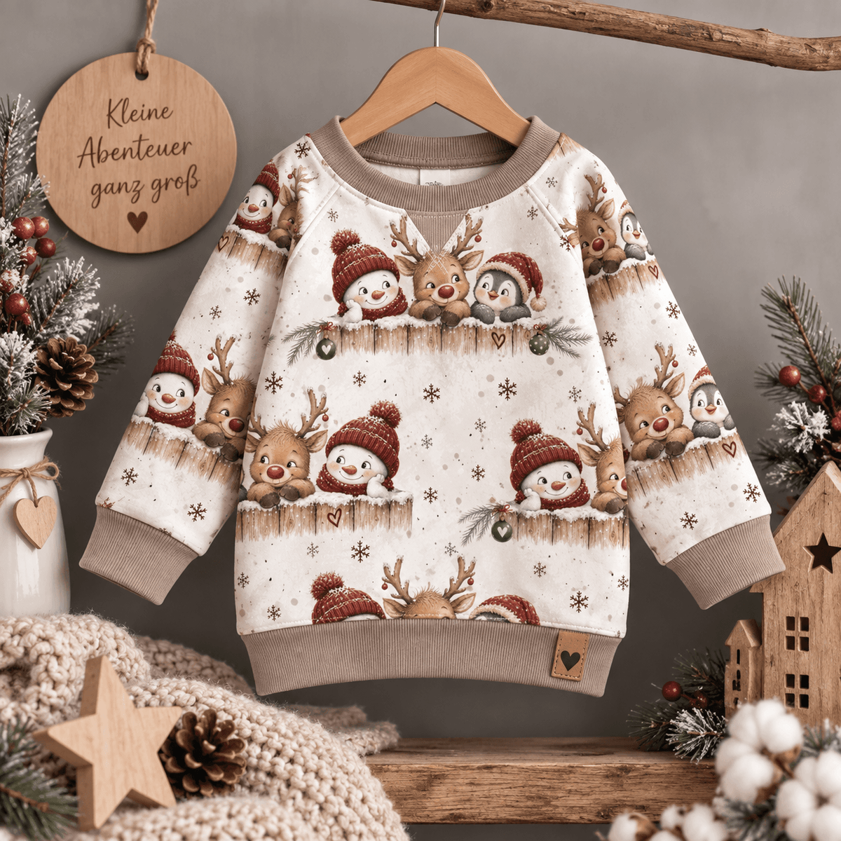 Winterliche Herzensfreunde vernäht zu Sweatshirt und Jogginghose Set, Kind trägt French Terry Pulli mit Pinguin, Rentier und Schneemann Motiv, OEKO-TEX 100 Weihnachtsstoff