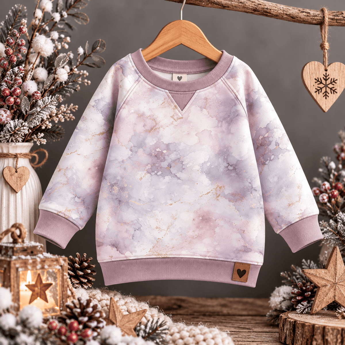 Winternebel vernäht zu Sweatshirt und Leggings Set, Kind trägt French Terry Pulli mit Aquarell Marmor Design im Schnee, OEKO-TEX 100 Kinderstoff