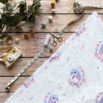 Delphin French Terry 0,5m Sofortkauf Lagerware OEKO-TEX Standard 100 Kinderstoffe mit Blumen und Meeresmotiv
