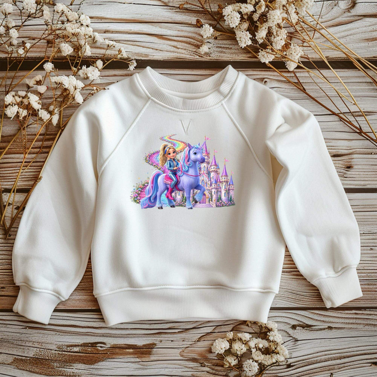 Weißer Kinder-Sweatshirt mit DTF Bügelbild Mädchen auf Einhorn vor Schloss, Bügelmotiv 14x20 cm