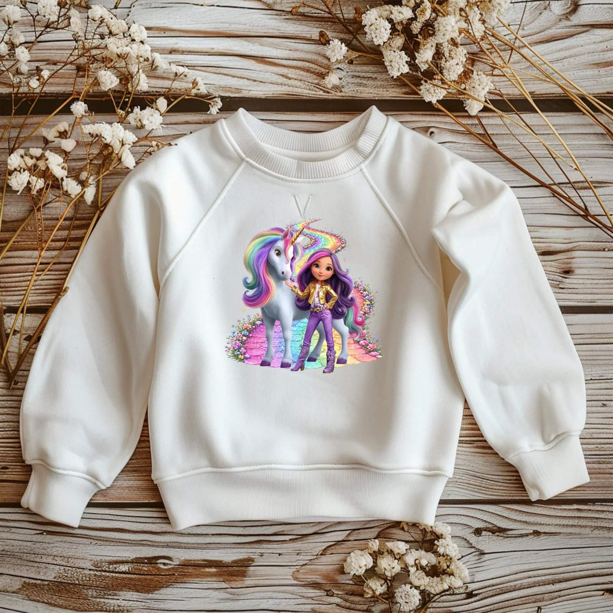 Weißes Kinder-T-Shirt mit DTF Bügelbild Mädchen und Regenbogen-Einhorn, Bügelmotiv 17x18 cm
