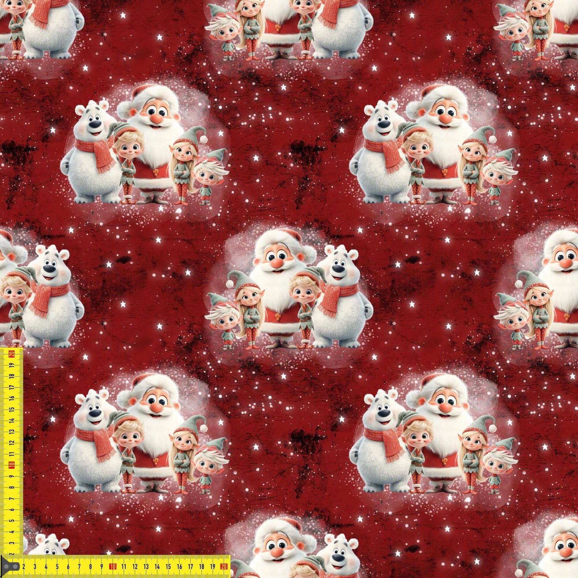 French Terry Weihnachtstruppe Kinderstoffe OEKO-TEX zertifizierte Meterware mit Weihnachtsmann, Wichteln und Wintermotiv
