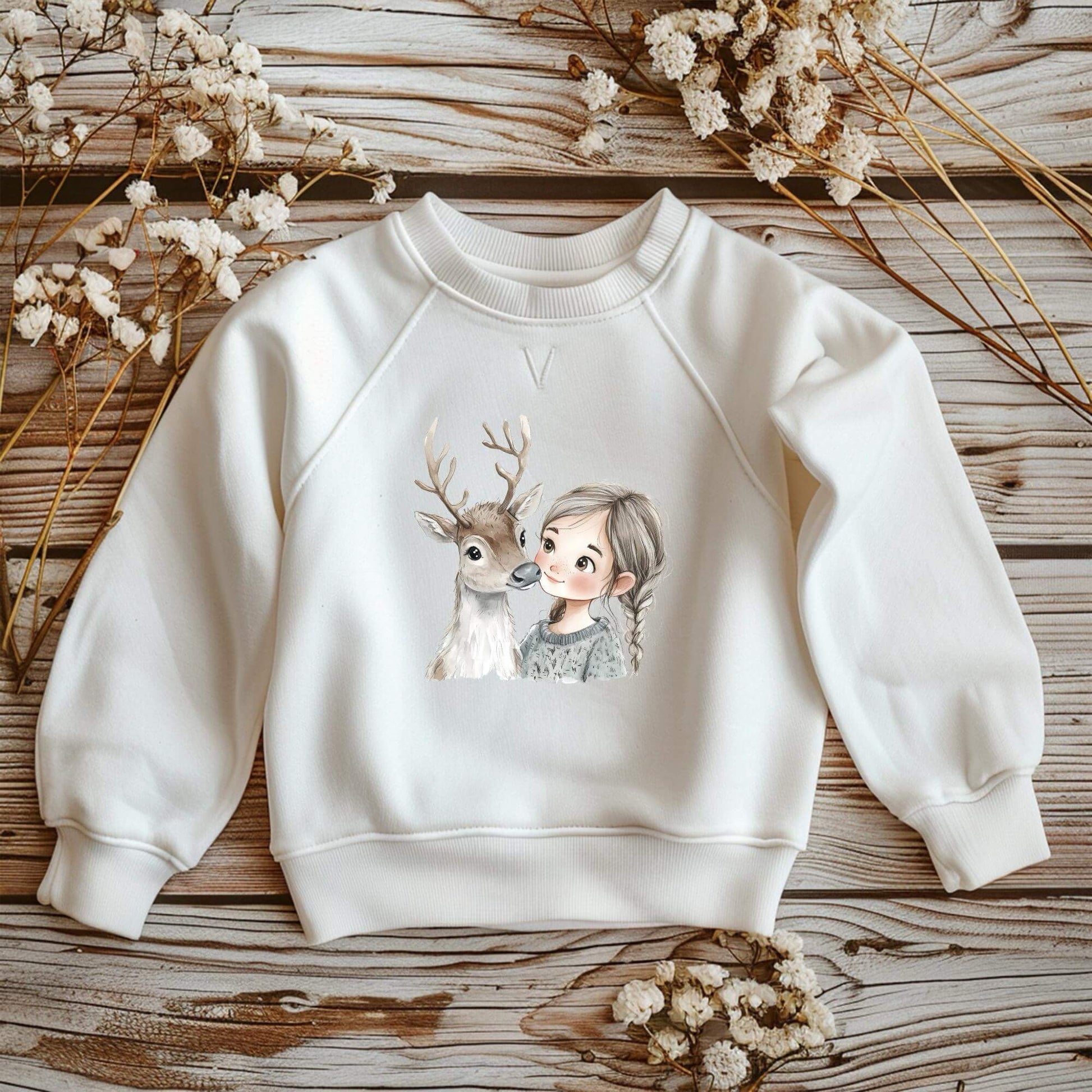 Rentier mit Mädchen DTF Bügelbild 18x18 cm auf weißem Kinder Shirt
