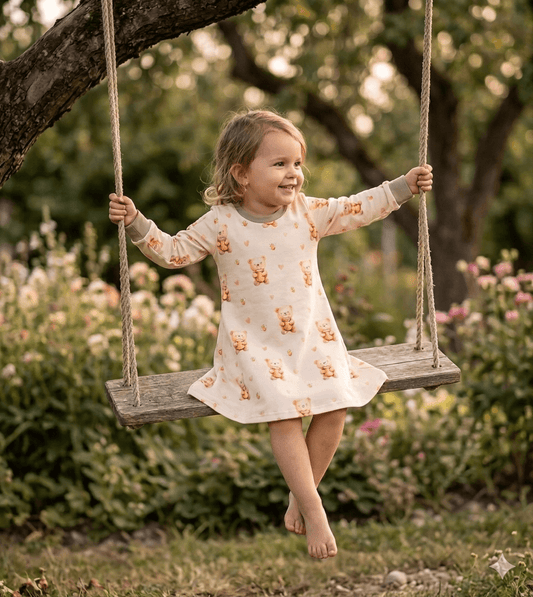 Mädchen trägt Kinderkleid Honig Bär beige auf Schaukel
