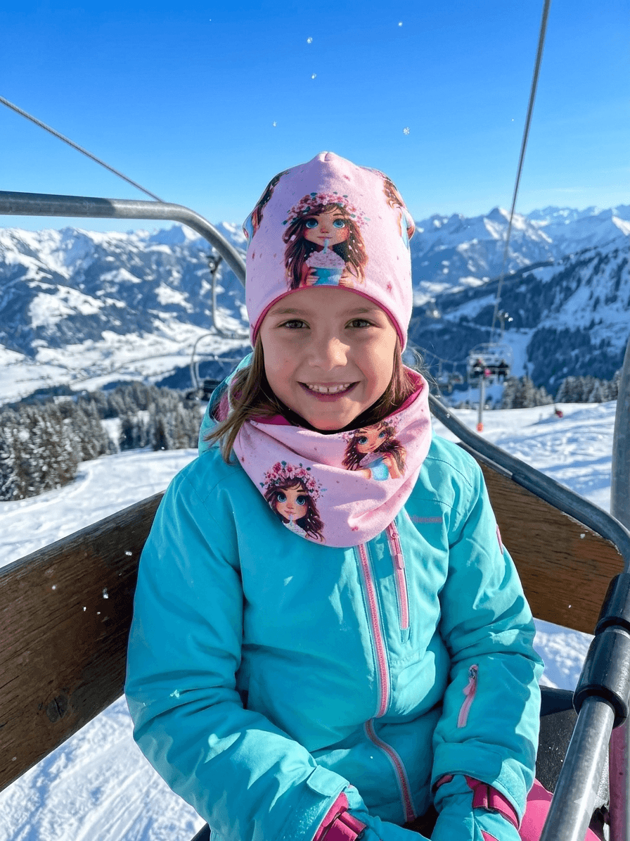 Beanie und Loop Set Größe 52–54 in Rosa mit Smoothie Mädchen Motiv
