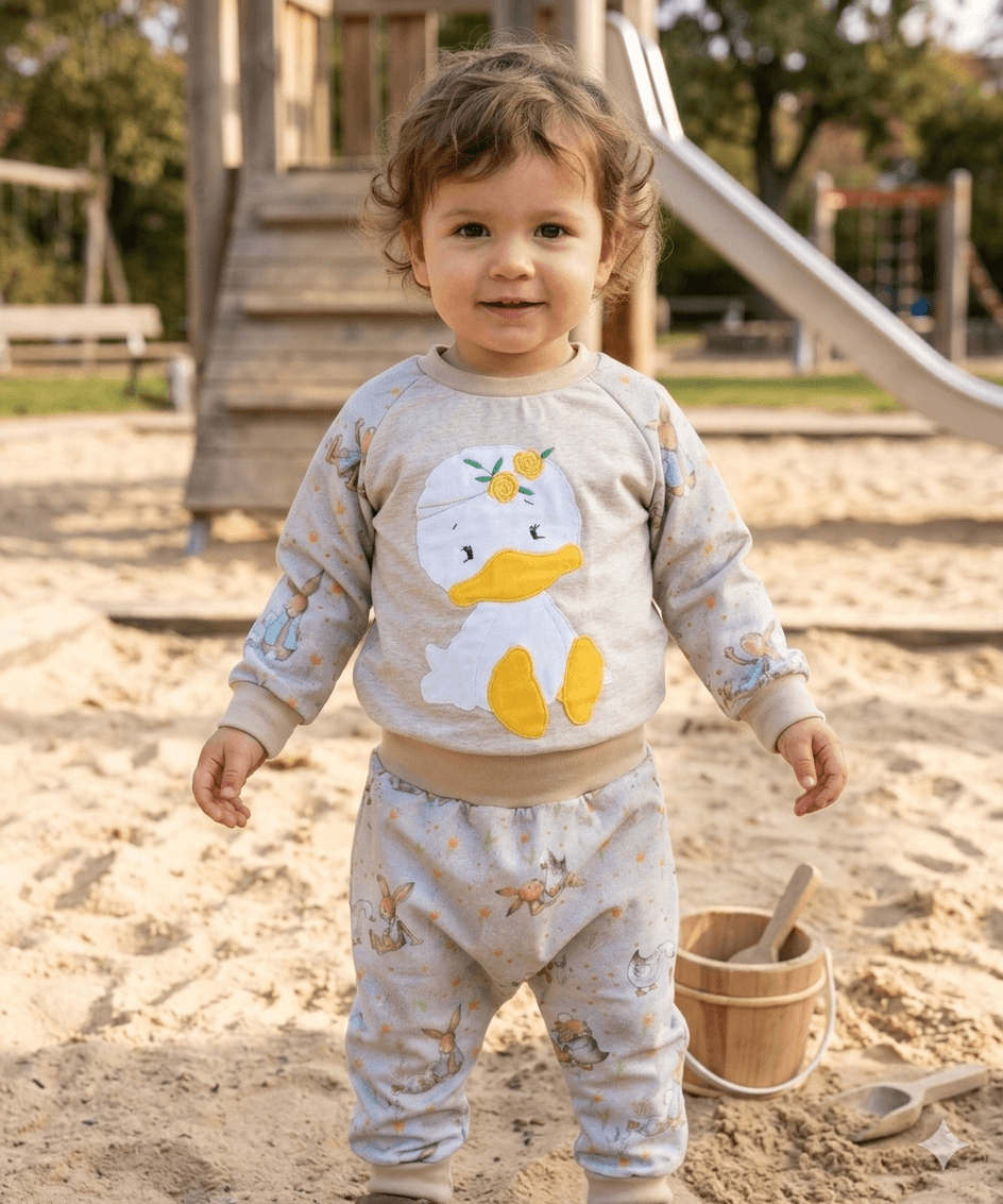 Raglan Pullover & Pumphose Größe 92 in Beige mit Ente
