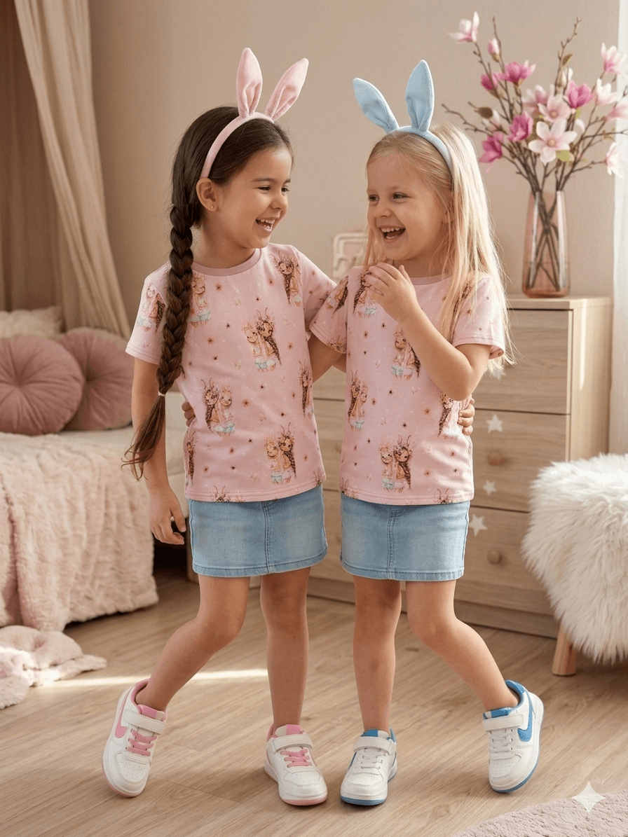 T‑Shirt Größe 110 in Rosa mit Hasenmädchenmotiv
