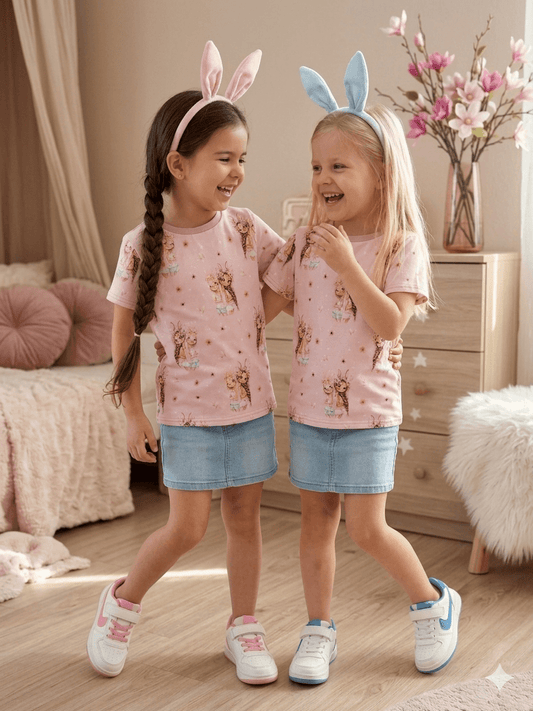 T‑Shirt Größe 110 in Rosa mit Hasenmädchenmotiv
