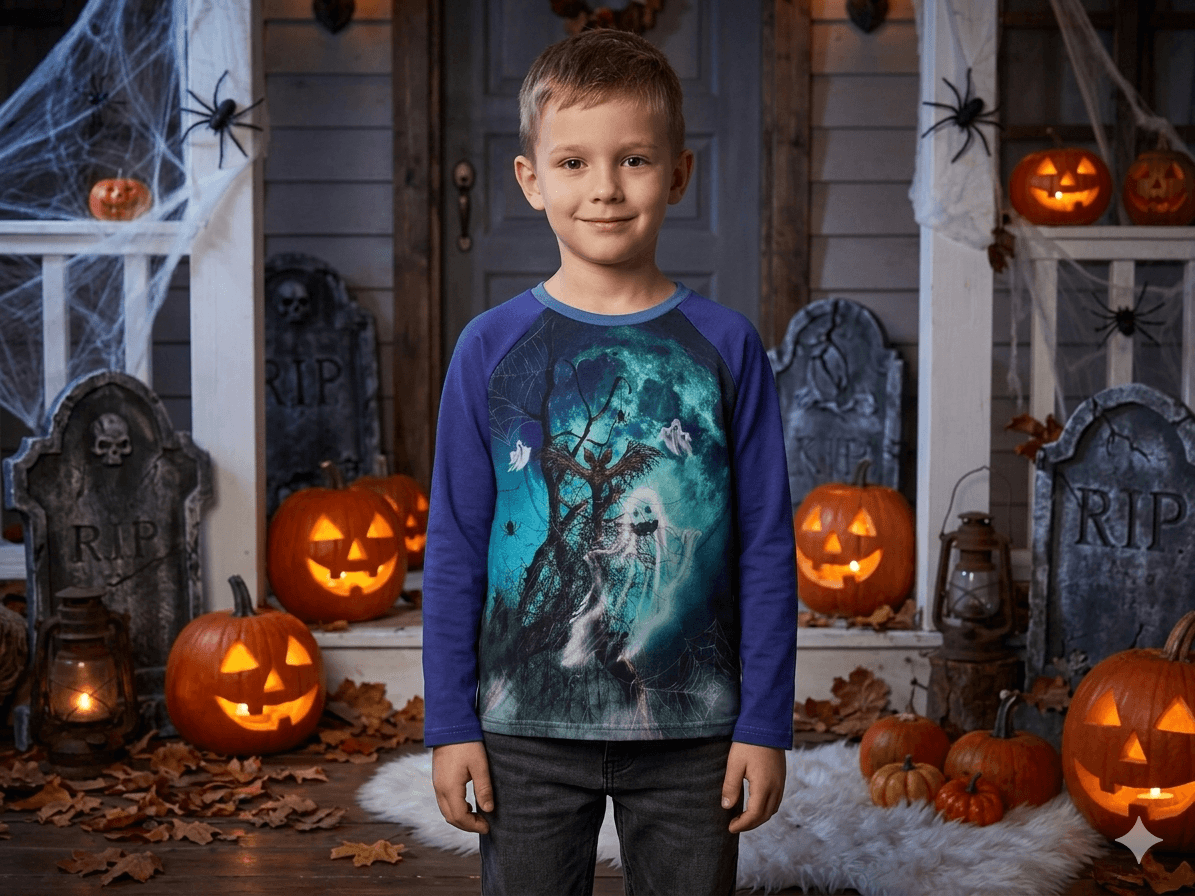 Raglan Langarmshirt Größe 128 in Blau mit Halloweenmotiv
