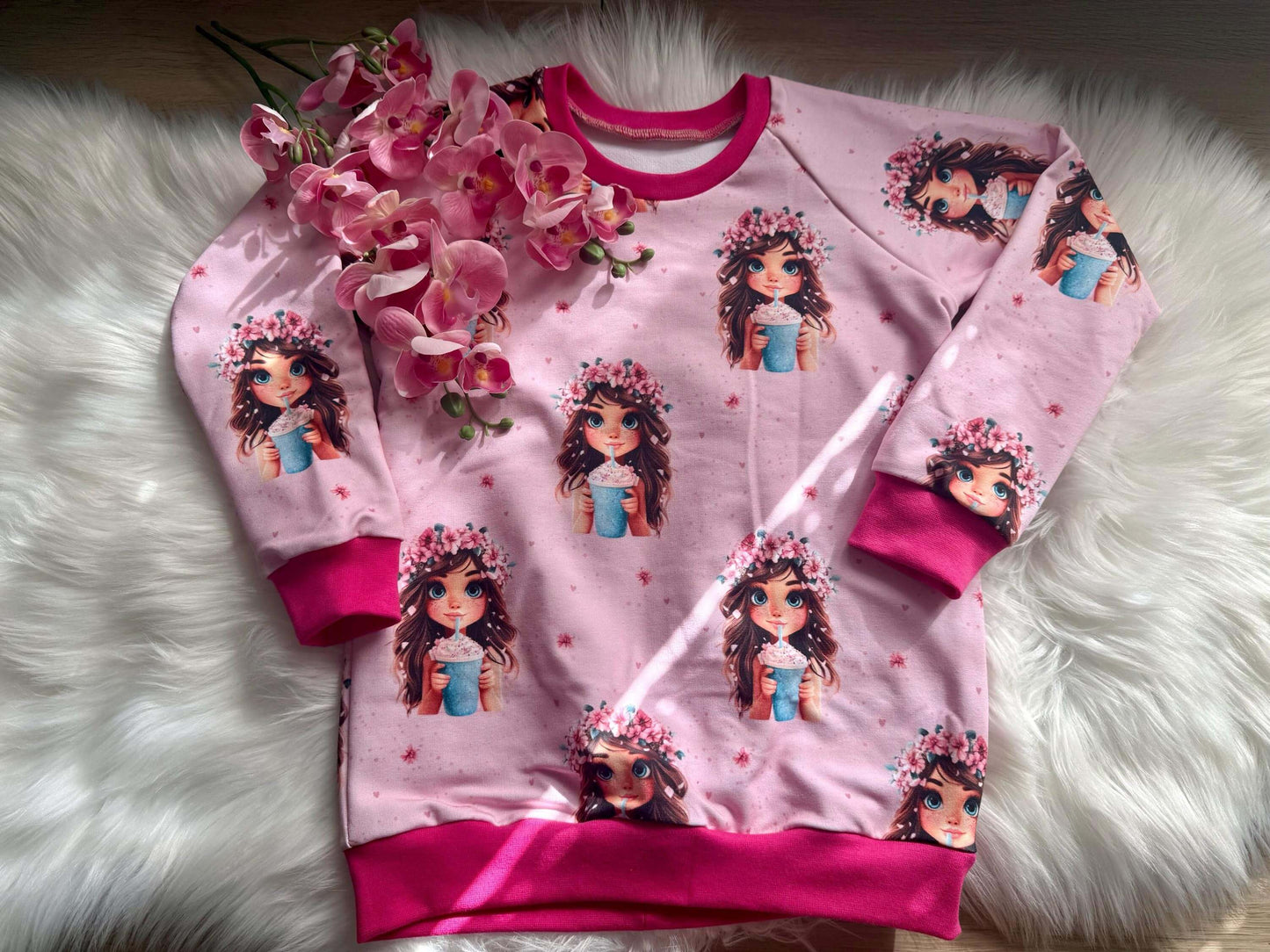 Raglan Pullover Größe 122 in Rosa mit Smoothie Mädchen Motiv
