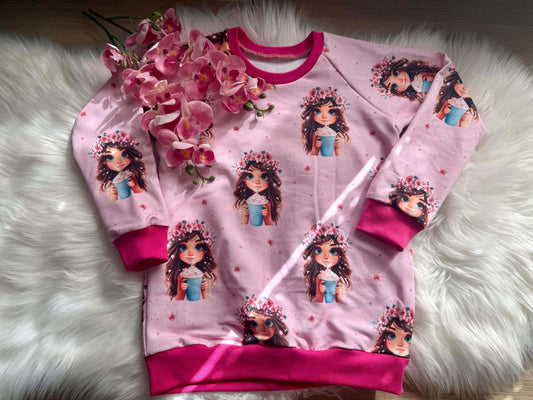 Raglan Pullover Größe 122 in Rosa mit Smoothie Mädchen Motiv
