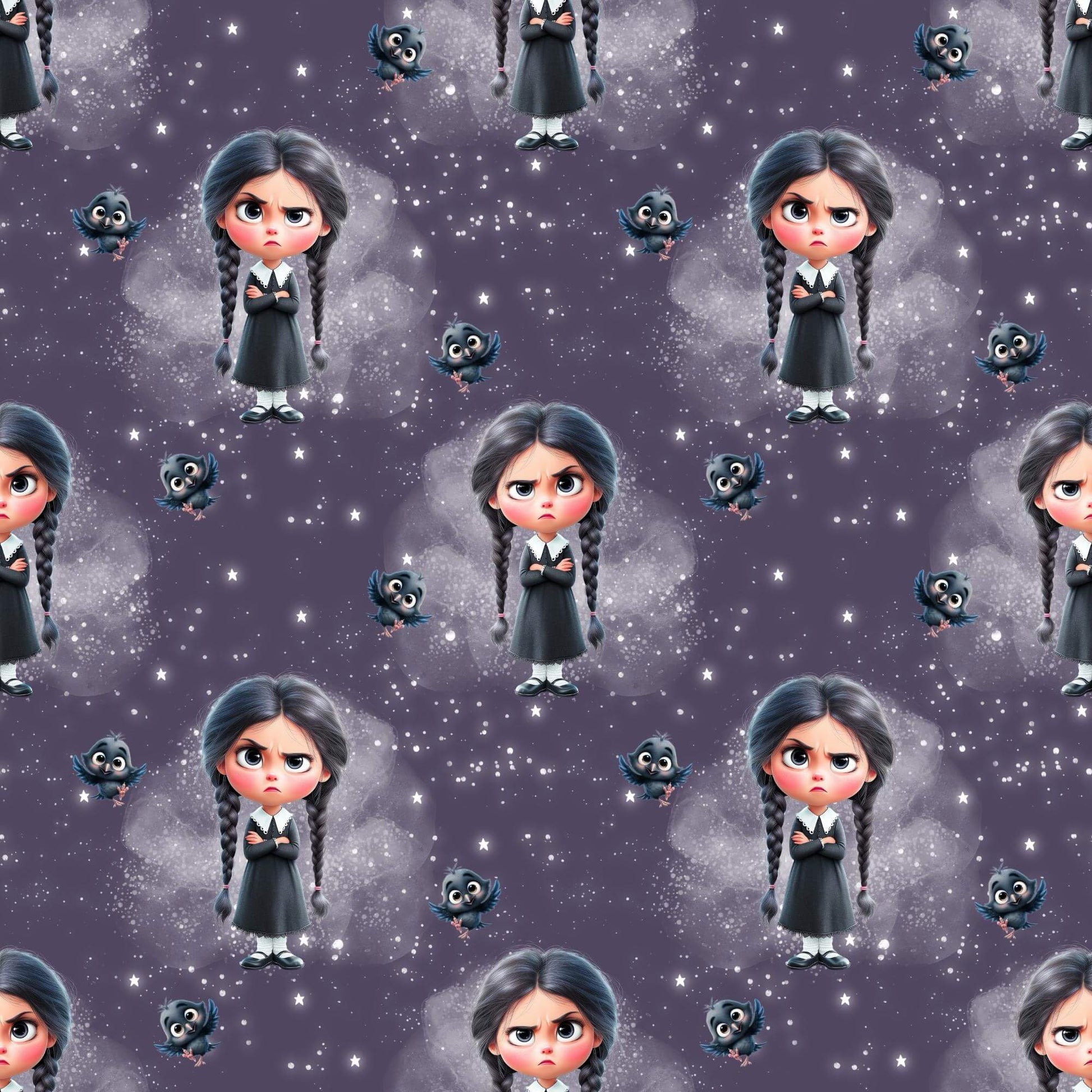 „Baumwollstoff mit Wednesday-Motiv & Katzen – Meterware für individuelle Nähideen“