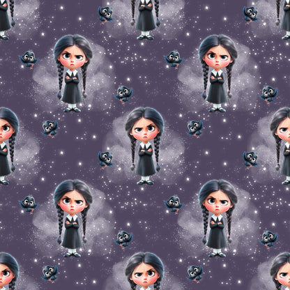 „Baumwollstoff mit Wednesday-Motiv & Katzen – Meterware für individuelle Nähideen“